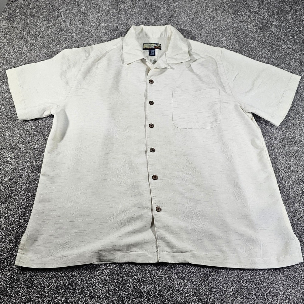 VTG Havana Jack's Cafe Button Up Shirt Mens L Cream Tropical Jacquard Palm Tree